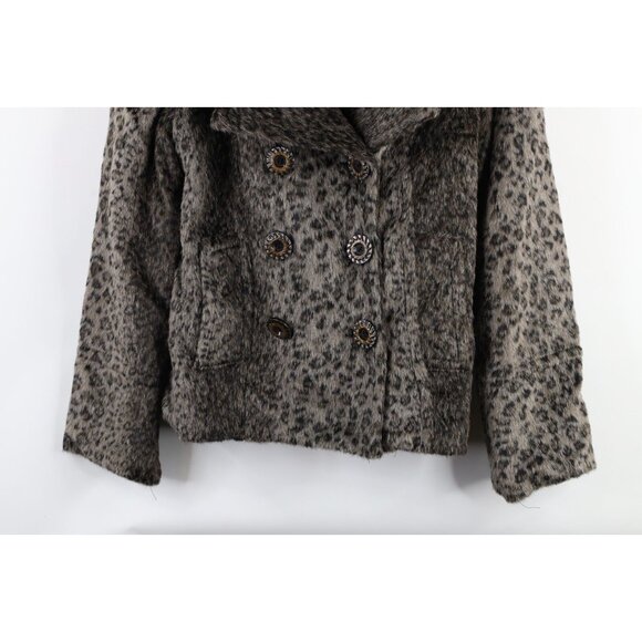 Buckle BKE Womens Medium Faux Fur Double Breasted Peacoat Jacket Leopard Print - Picture 3 of 14